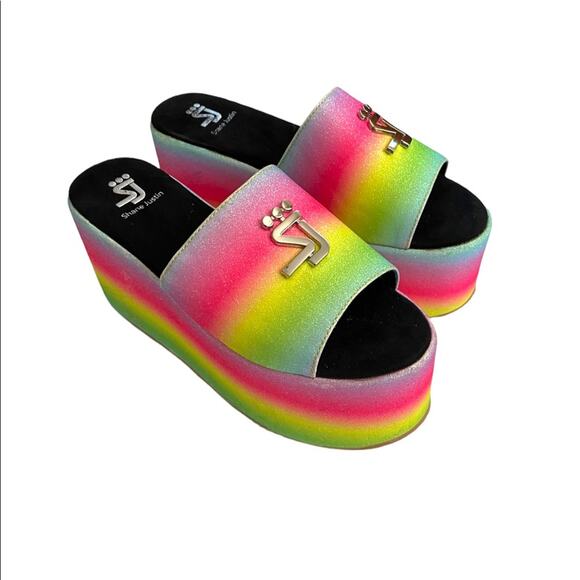 Shane Justin Rainbow Glitter Platform Rave Slides 7 - Picture 1 of 8
